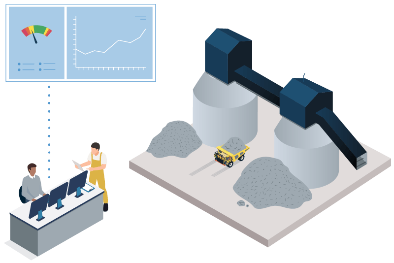 Illustration showing workers at a cement factory reviewing manufacturing data on a tablet and a computer